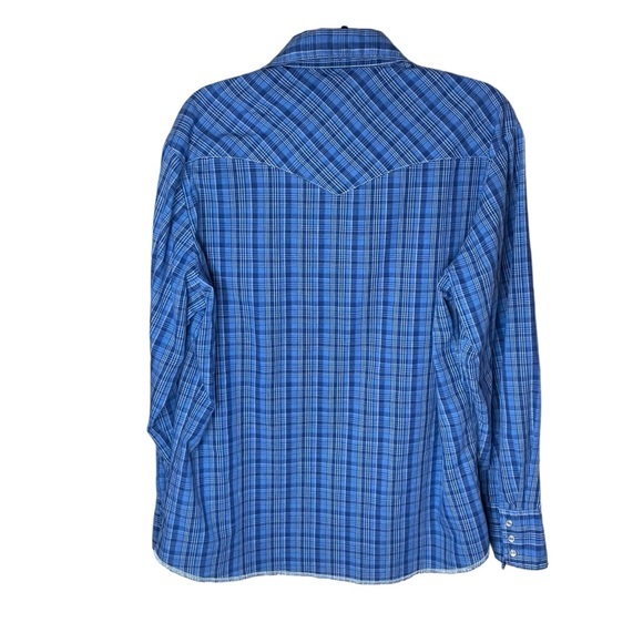 Vintage Wrangler Blue Plaid Pearl Snaps Long Sleeve Lightweight Size Large - Picture 2 of 9